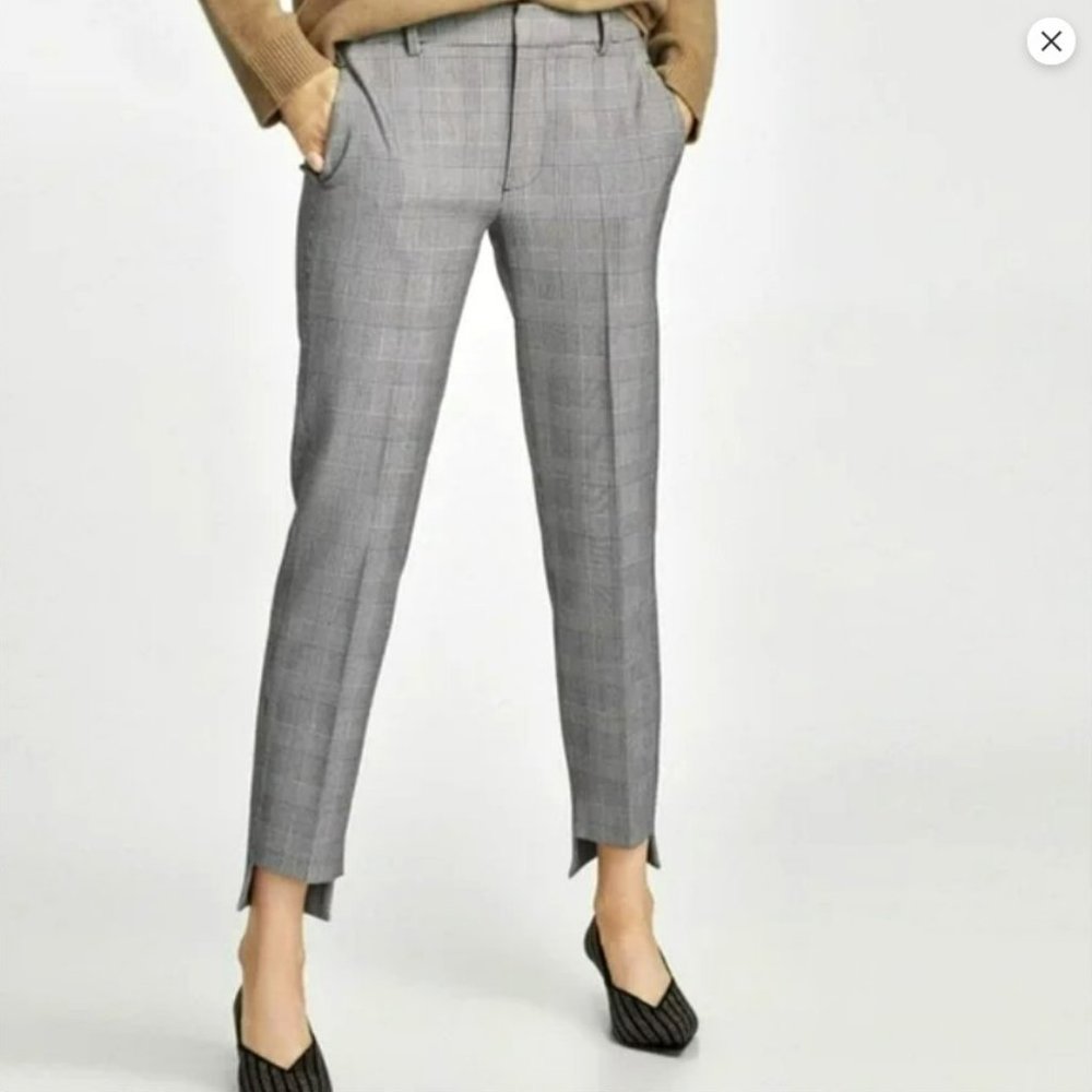 NWT Zara Woman Asymmetric Hem Houndstooth Plaid Gray Cropped Trousers Pants. 6